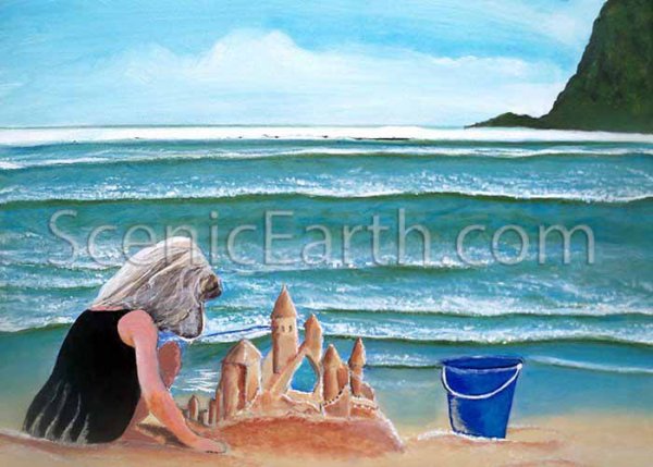 Castles in the sand - An original acrylic painting of a young girl in a black dress building a sand castle at the beach in Oregon